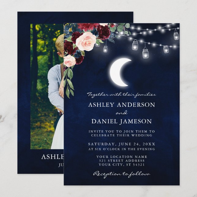 Celestial Moon Floral Jar Lights Photo Wedding Invitation (Front/Back)