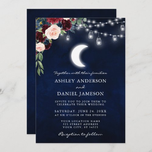 Celestial Moon Floral Jar Lights Photo Wedding Invitation
