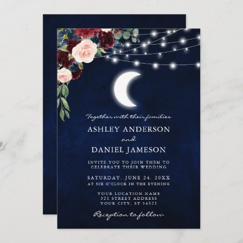 Celestial Moon Floral Lights Photo Wedding Invitation