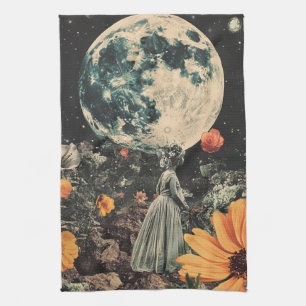Celestial Moon Garden Sepia Floral Girl Kitchen Towel