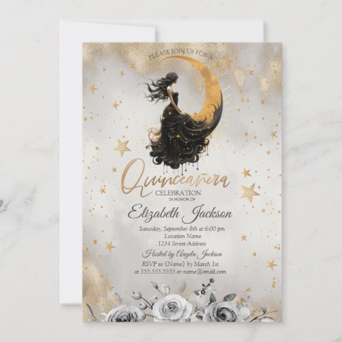Celestial  Moon Girl Flowers Stars Quinceanera Invitation