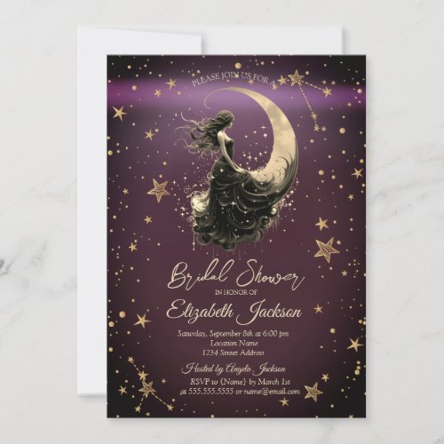 Celestial MoonGirl Stars Burgundy Bridal Shower Invitation