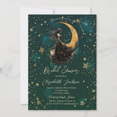 Celestial MoonGirl Stars Green Bridal Shower Invitation