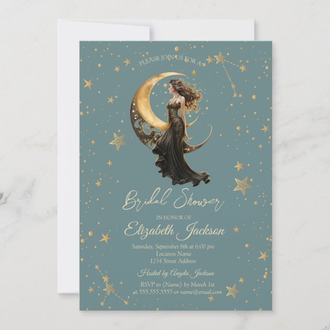 Celestial Moon Girl Stars Mint Green Bridal Shower Invitation (Front)