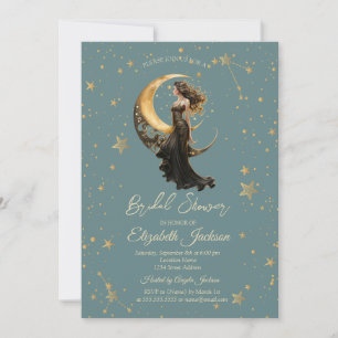 Celestial Moon Girl Stars Mint Green Bridal Shower Invitation