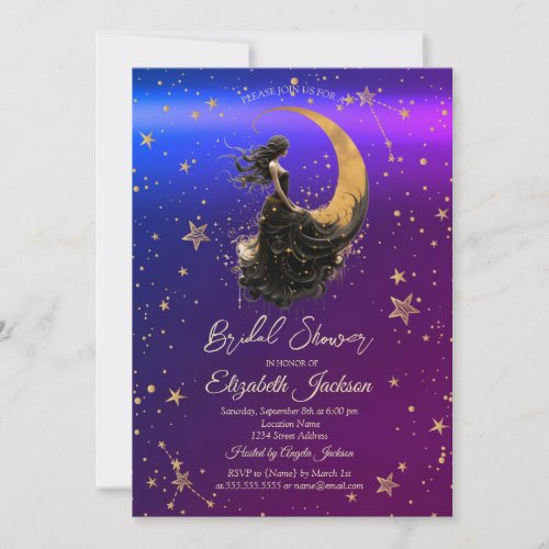 Celestial MoonGirlStars Purple Bridal Shower Invitation