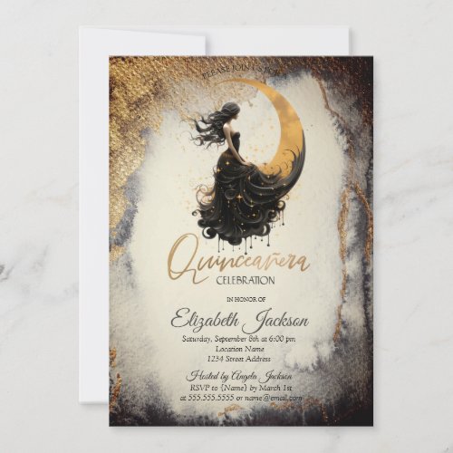 Celestial Moon Girl Watercolor Gold Quinceanera Invitation