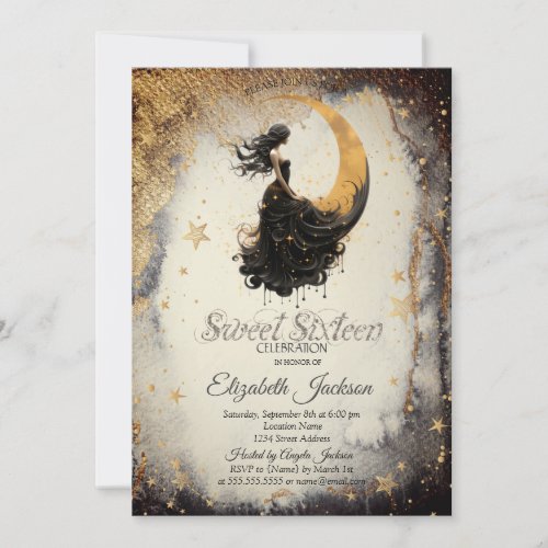Celestial Moon Girl Watercolor Gold Stars Sweet 16 Invitation
