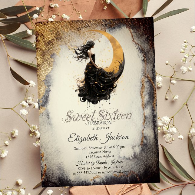 Celestial Moon Girl Watercolor Gold Sweet 16 Invitation (Creator Uploaded)