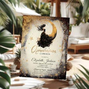 Celestial Moon Girl Watercolor Stars Quinceanera Invitation