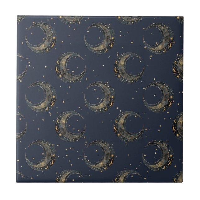 Celestial Moon Gold Starry Night Pattern (1) Ceramic Tile (Front)