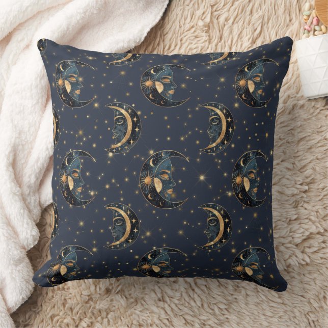 Celestial Moon Gold Starry Night Pattern (3) Throw Pillow (Blanket)