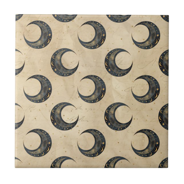 Celestial Moon Gold Starry Night Pattern (4) Ceramic Tile (Front)