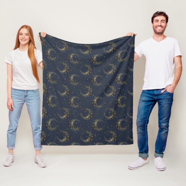 Celestial Moon Gold Starry Night Pattern Fleece Blanket (In Situ)