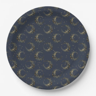 Celestial Moon Gold Starry Night Pattern Paper Plates