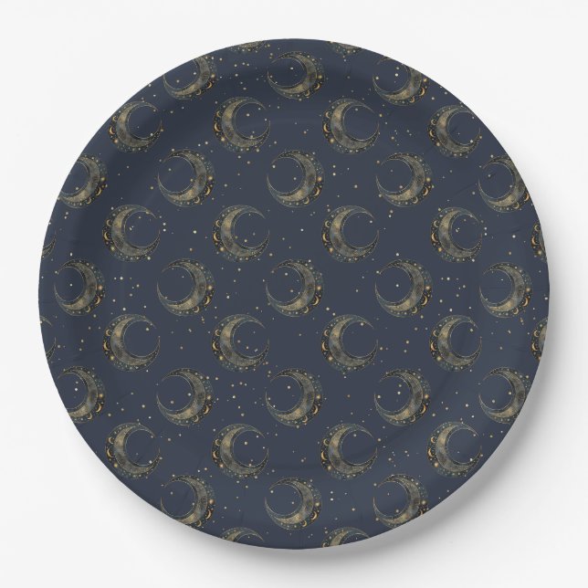 Celestial Moon Gold Starry Night Pattern Paper Plates (Front)