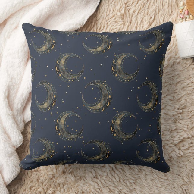 Celestial Moon Gold Starry Night Pattern Throw Pillow (Blanket)