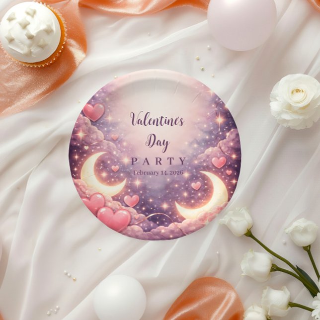 Celestial Moon Hearts Valentine Party Paper Plates (Creator Uploaded)