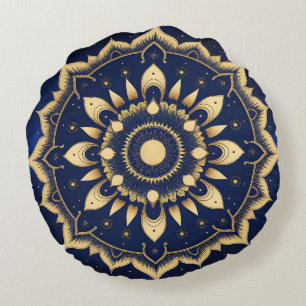 Celestial Moon Mandala Design Navy Blue & Gold S Round Pillow
