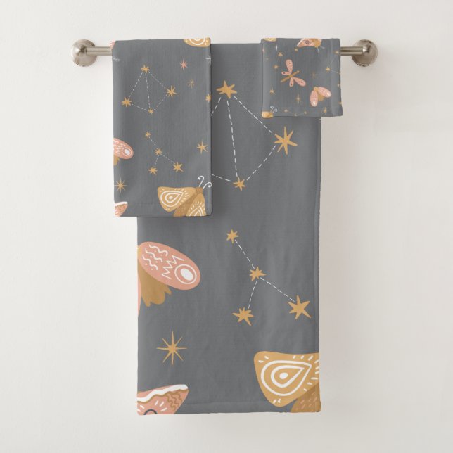 Celestial Moon Moth Pattern Bath Towel Set (Insitu)