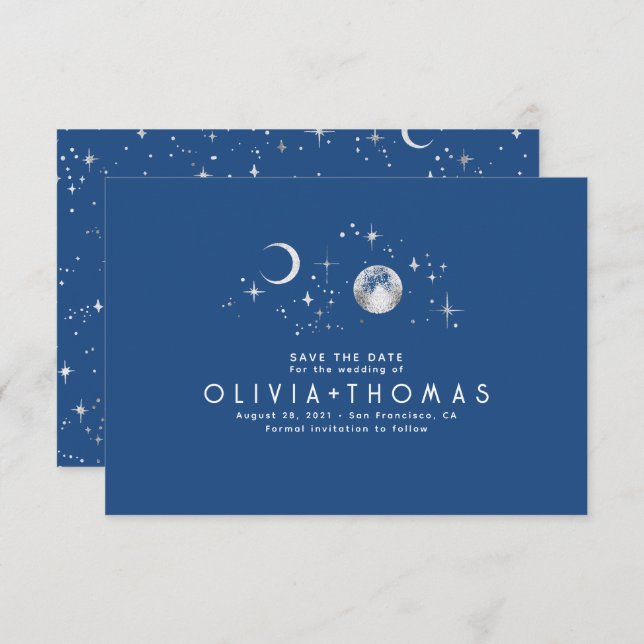 Celestial Moon Navy Blue Save the Date (Front/Back)