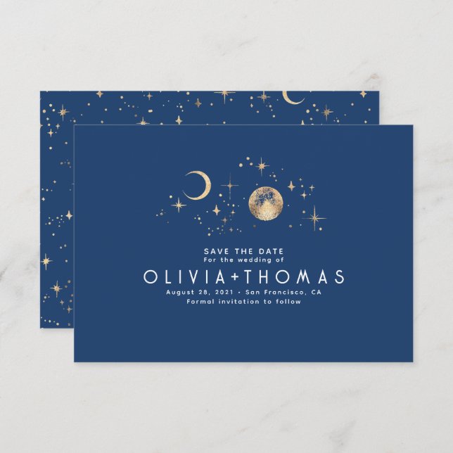 Celestial Moon Navy Blue Save the Date (Front/Back)