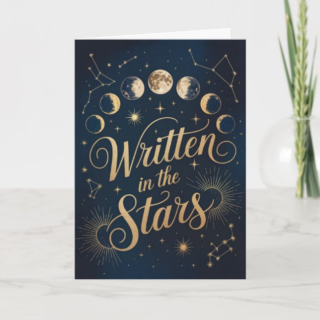 Celestial Moon Phase Gold and Navy Zodiac Birthday Card (Front)
