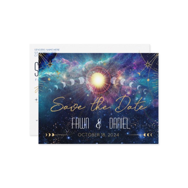 Celestial Moon Phase Save the Date Postcard (Front/Back In Situ)