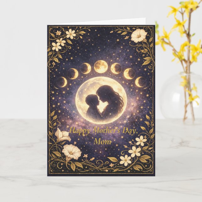 Celestial Moon Phases Floral Night Sky Design Card (Yellow Flower)
