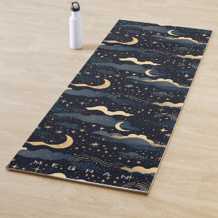 Celestial Moon Phases Stars Gold Monogram Yoga Mat