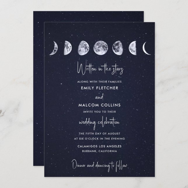 Celestial Moon Phases Written in the Stars Wedding Invitation (Front/Back)