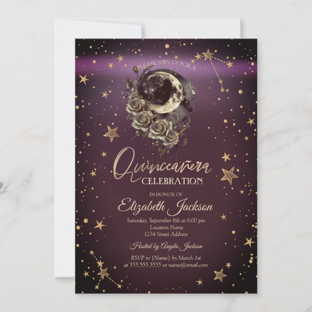 Celestial Moon Roses Stars Burgundy Quinceanera Invitation (Front)