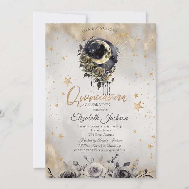 Celestial  Moon Roses Stars Quinceanera  Invitation (Front)