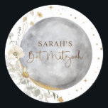 Celestial Moon, Silver, White and Gold Bat Mitzvah Classic Round Sticker<br><div class="desc">Elegant favor and / or envelope seal Bat Mitzvah sticker with beautiful watercolor celestial moon and stars design coordinating our "Chic Celestial Silver, White and Gold Bat Mitzvah" invitation. Same design from the back of invitation. Dainty stars, Bat Mitzvah phrase and corner moon details in faux gold foil. Personalize this...</div>