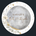Celestial Moon, Silver, White and Gold Bat Mitzvah Classic Round Sticker<br><div class="desc">Elegant favor and / or envelope seal Bat Mitzvah sticker with beautiful watercolor celestial moon and stars design coordinating our "Chic Celestial Silver, White and Gold Bat Mitzvah" invitation. Same design from the back of invitation. Dainty stars, Bat Mitzvah phrase and corner moon details in faux gold foil. Personalize this...</div>