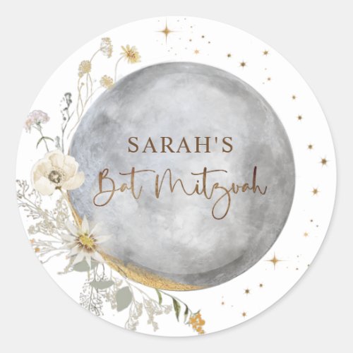 Celestial Moon Silver White and Gold Bat Mitzvah Classic Round Sticker
