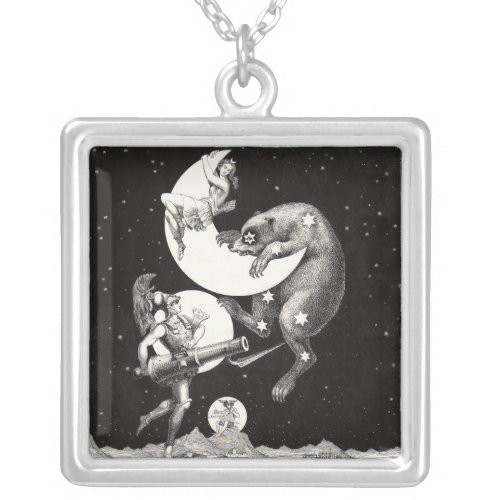 Celestial Moon Sky Universe God Night Illustration Silver Plated Necklace