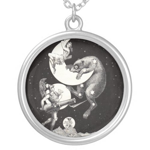 Celestial Moon Sky Universe God Night Illustration Silver Plated Necklace