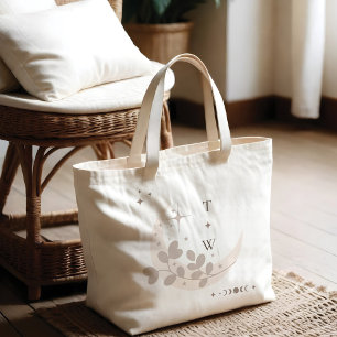 Celestial Moon Star Monogram Boho Bridesmaid Large Tote Bag