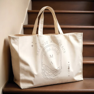 Celestial Moon Star Monogram Boho Bridesmaid Name Large Tote Bag
