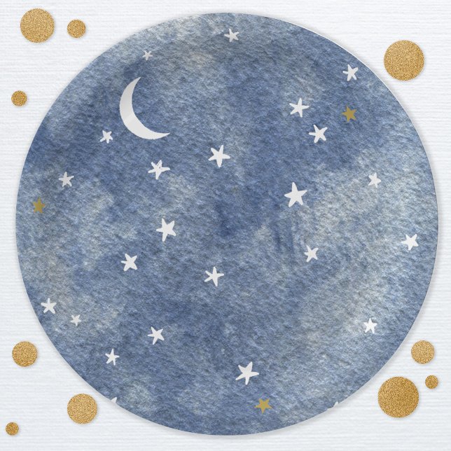Celestial Moon Star Navy Blue Watercolor Paper Plates (Moon and stars celestial watercolor navy blue gold and white party paper plates)