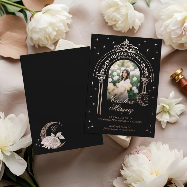 Celestial Moon Star Tiara Arch Photo Quinceañera Foil Invitation (Celestial Moon Star Tiara Arch Photo Quinceañera Foil Invitation)