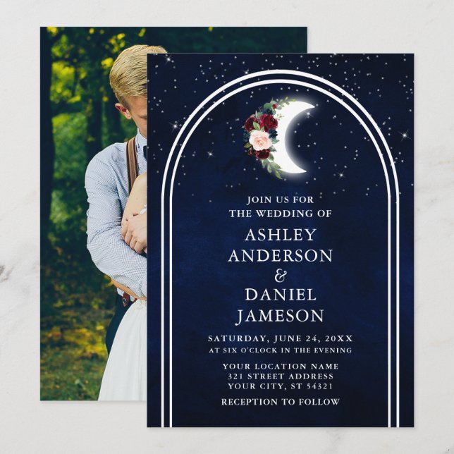 Celestial Moon Stars Arch Floral Photo Wedding Invitation (Front/Back)