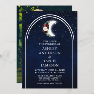 Celestial Moon Stars Arch Floral Photo Wedding Invitation