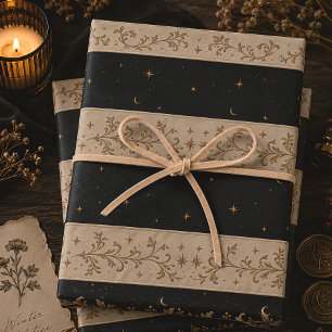 Celestial Moon Stars Black Gold Winter Solstice Wrapping Paper Sheets
