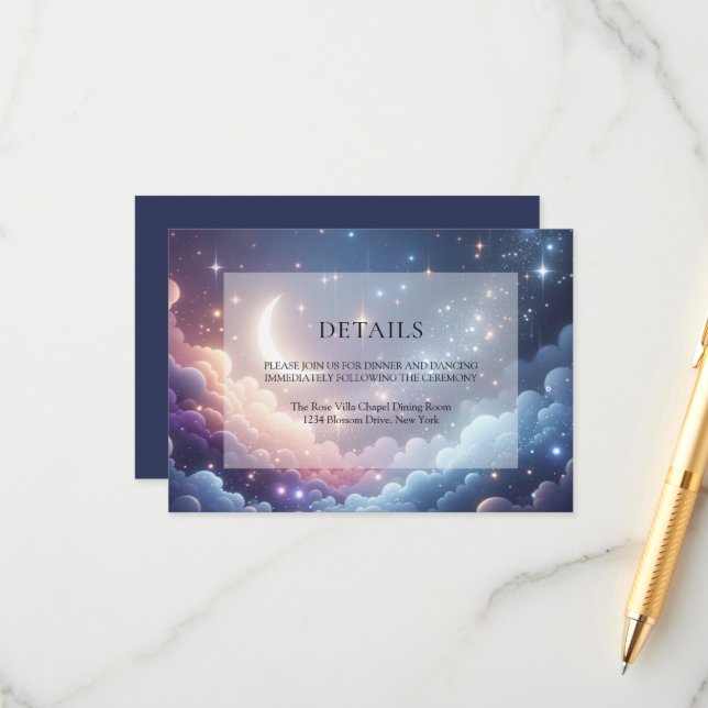 Celestial Moon Stars Blue Wedding Details Enclosure Card (Front/Back In Situ)