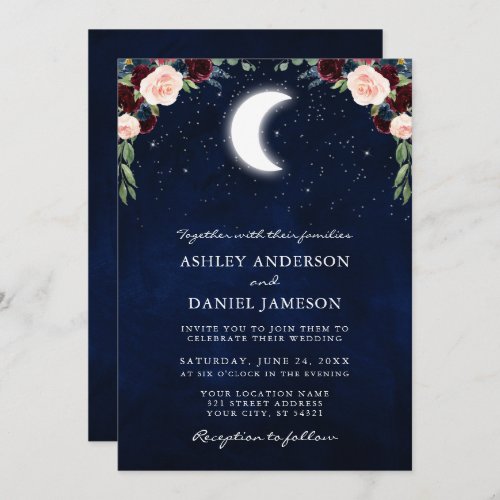 Celestial Moon Stars Burgundy Floral Photo Wedding Invitation