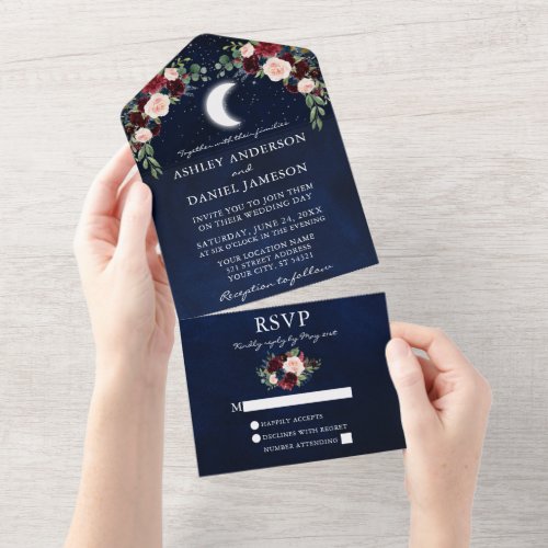 Celestial Moon Stars Burgundy Floral Wedding All In One Invitation