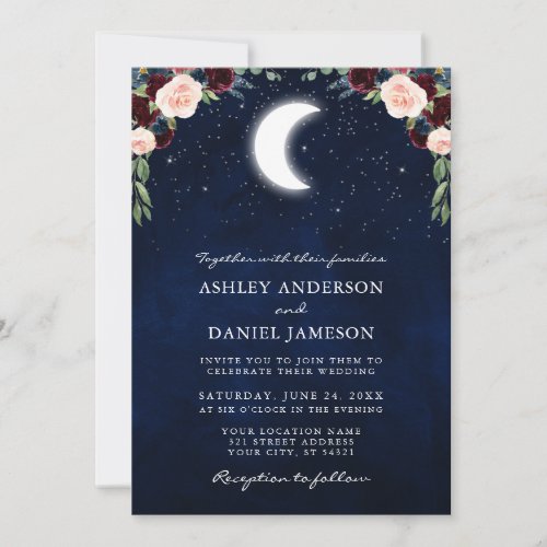 Celestial Moon Stars Burgundy Floral Wedding Invitation