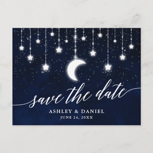 Celestial Moon Stars Calligraphy Save The Date Postcard